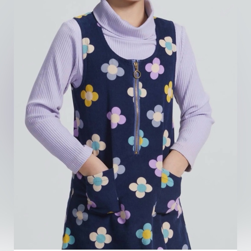 Bisby Jumper Dress Girl’s 12 L Navy Blue Retro Flower Power Zip-Front - Picture 3 of 9